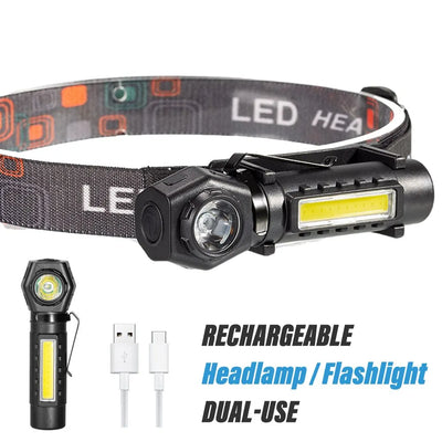 Super Bright LED Headlamp Rechargeable Flashlight with XPE COB Beads and Tail Magnet Dual Purpose Work Light Waterproof